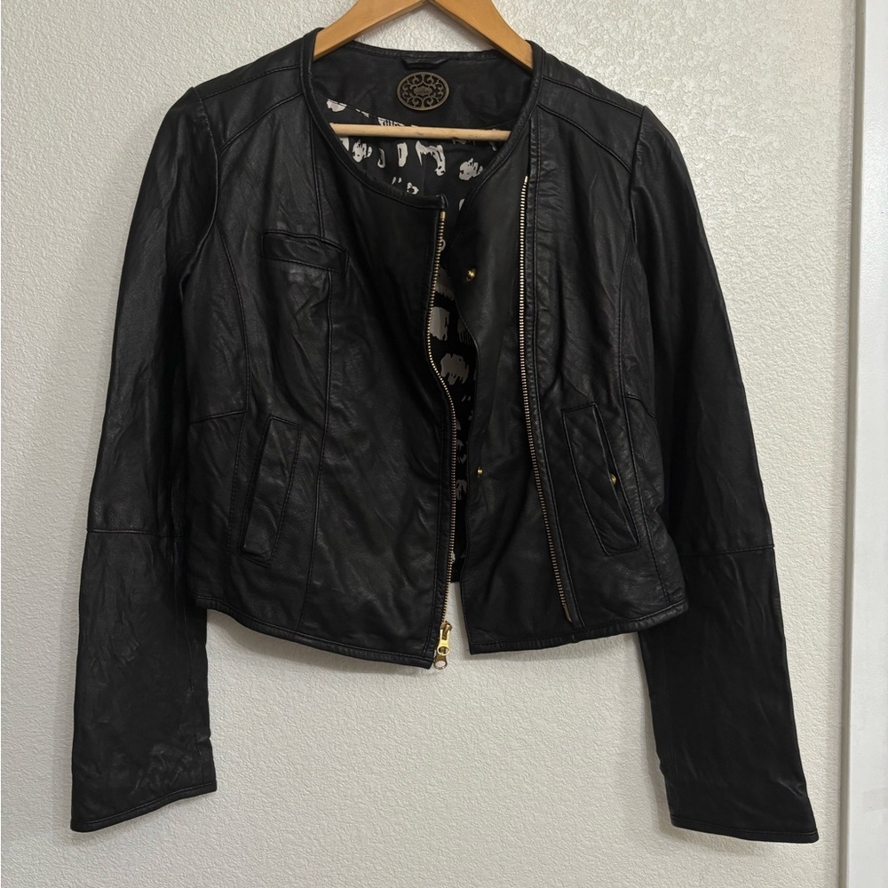Anthropologie Idra Black Leather Moto Jacket Gold Zip Cropped Biker Edgy Chic - Picture 3 of 14